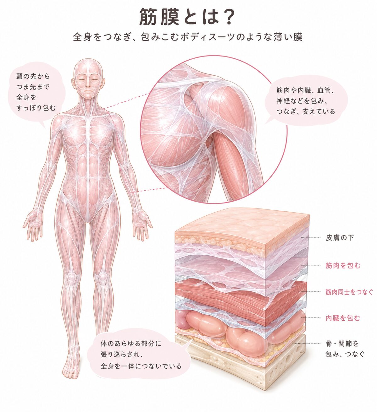 筋膜とは？全身をつなぎ、包みこむボディスーツのような薄い膜の図解