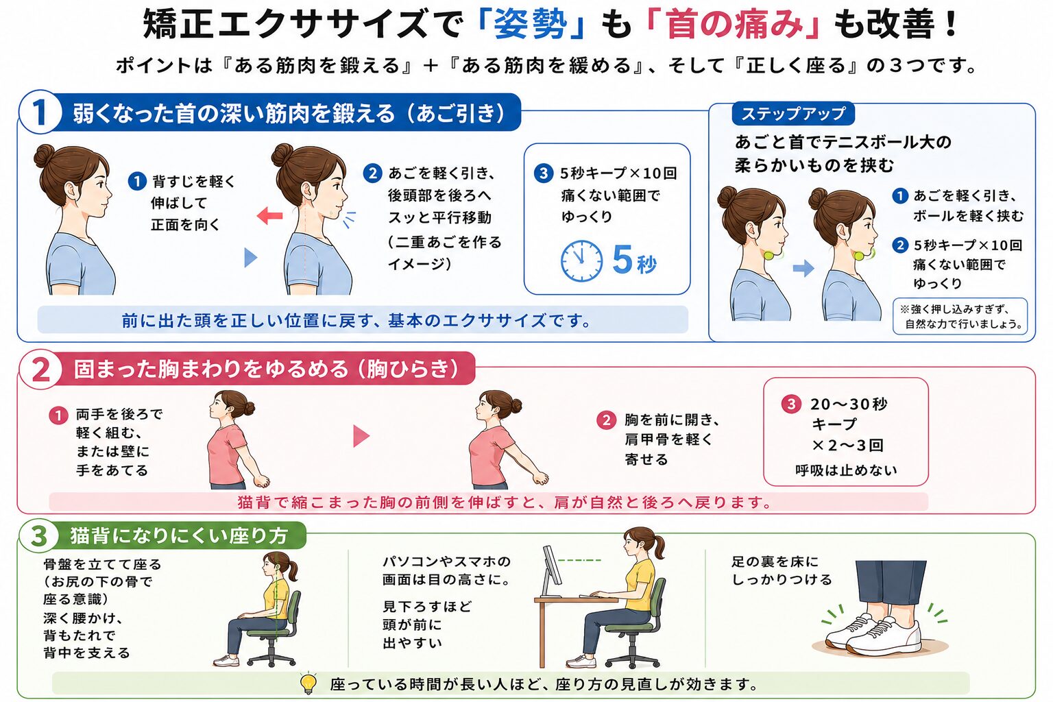 猫背の予防・対策：①弱くなった首の深い筋肉を鍛える（あご引き）②固まった胸まわりをゆるめる（胸ひらき）③猫背になりにくい座り方（骨盤を立てる・画面を目の高さに・足の裏を床につける）。